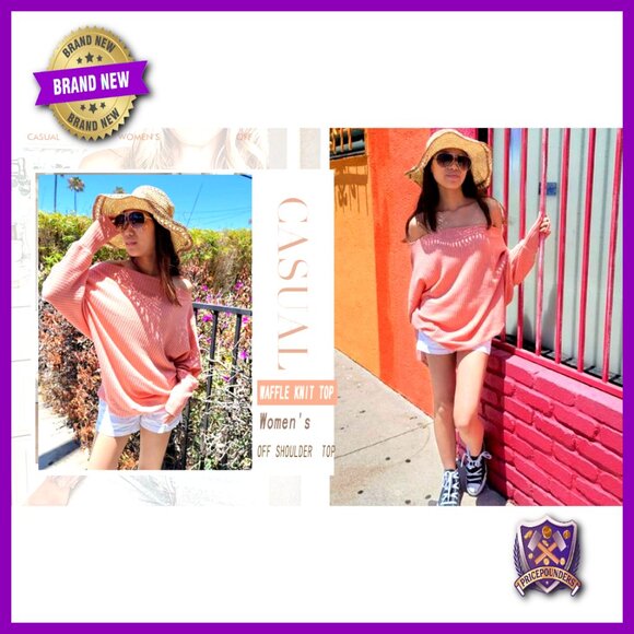 Oversized Off Shoulder Waffle Knit Sweatshirt Tunic Long Sleeve Pullover - Picture 4 of 7